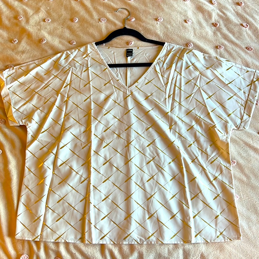 Cream and gold simple square cut V-neck blouse